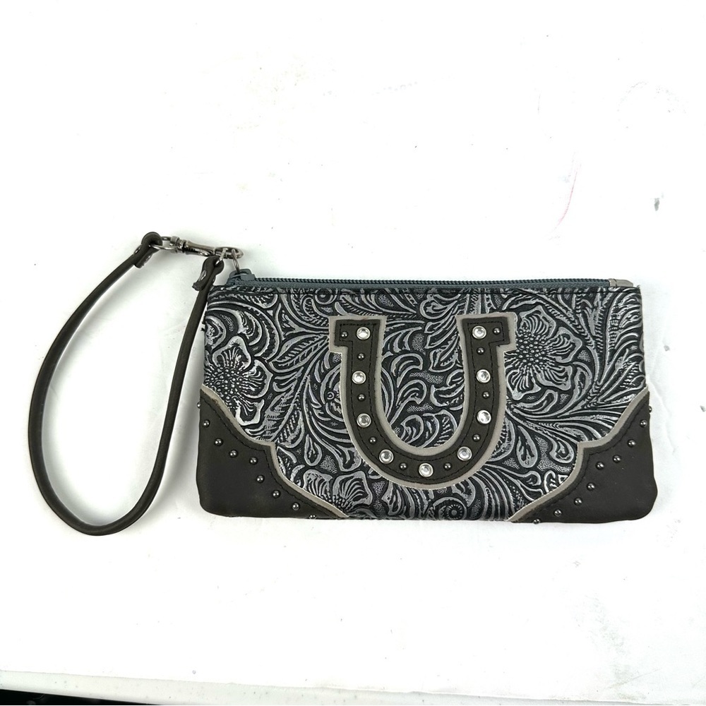Wrangler Wristlet Grey Faux Leather Horseshoe Wallet Rhinestone Womens